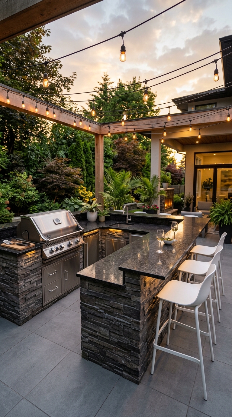 L-shaped outdoor grill station with bar seating and granite countertop in a modern entertaining backyard