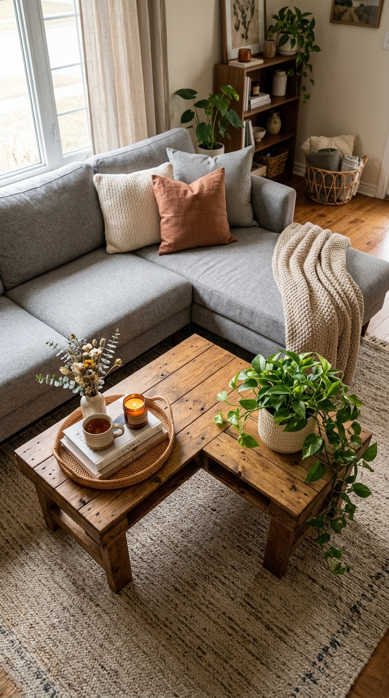 DIY L-shaped corner pallet coffee table in oak stain, styled with tray and trailing plant in front of a grey sectional sofa