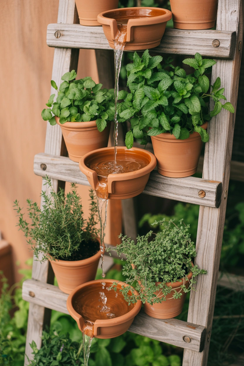 Ladder herb garden with clay saucer cascade watering system, mint, cilantro, and thyme on each rung