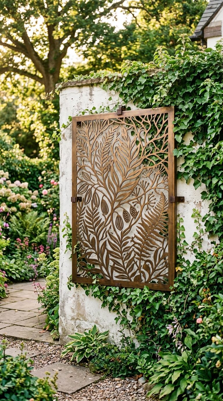 Large bronze metal botanical wall art on a whitewashed garden wall surrounded by climbing ivy