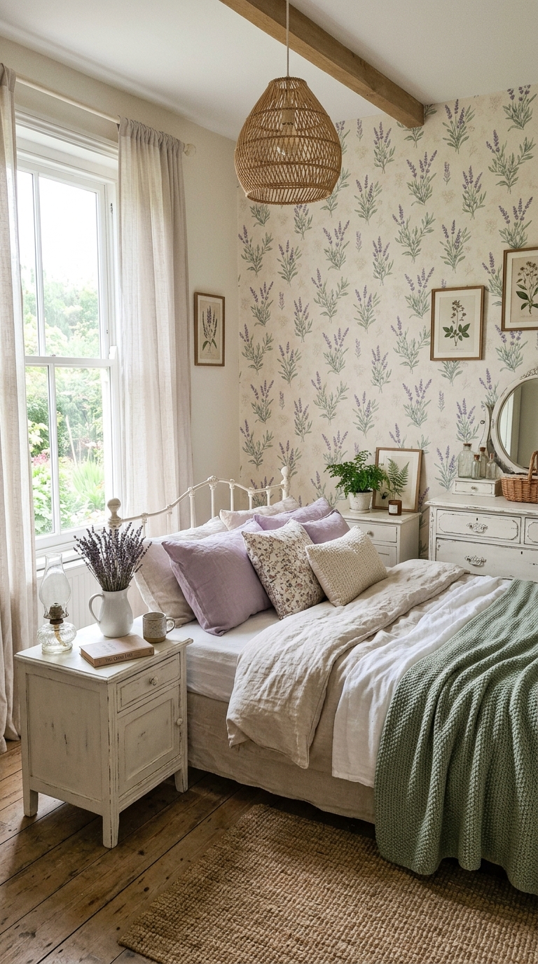 Soft lavender and sage floral wallpaper in a calming shabby chic bedroom with linen bedding and dried lavender