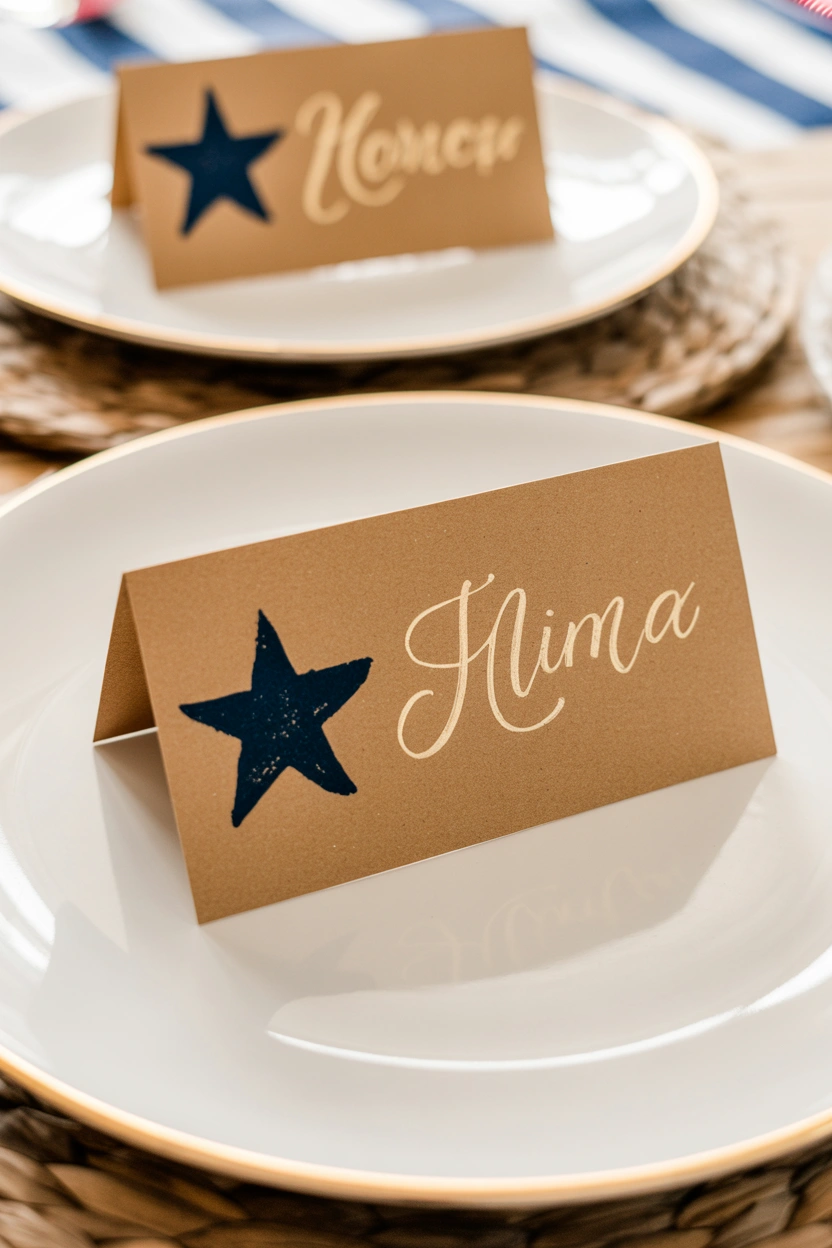 Layered patriotic charger plate place setting with gold, white, and navy plates and striped napkin for 4th of July dinner table