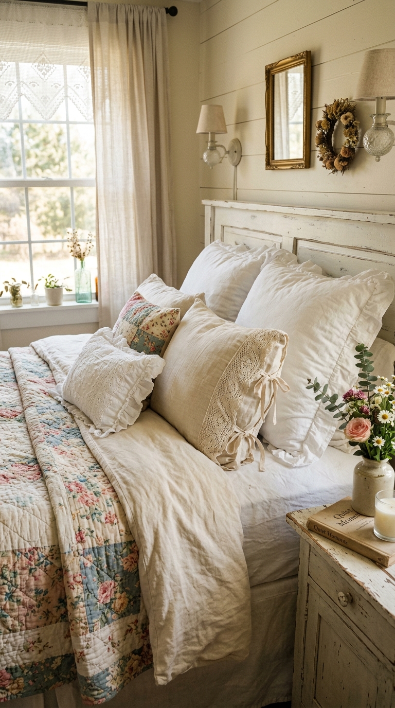 Layered floral and linen bedding with ruffled shams and lace trim pillows on a farmhouse shabby chic bed in soft neutral tones
