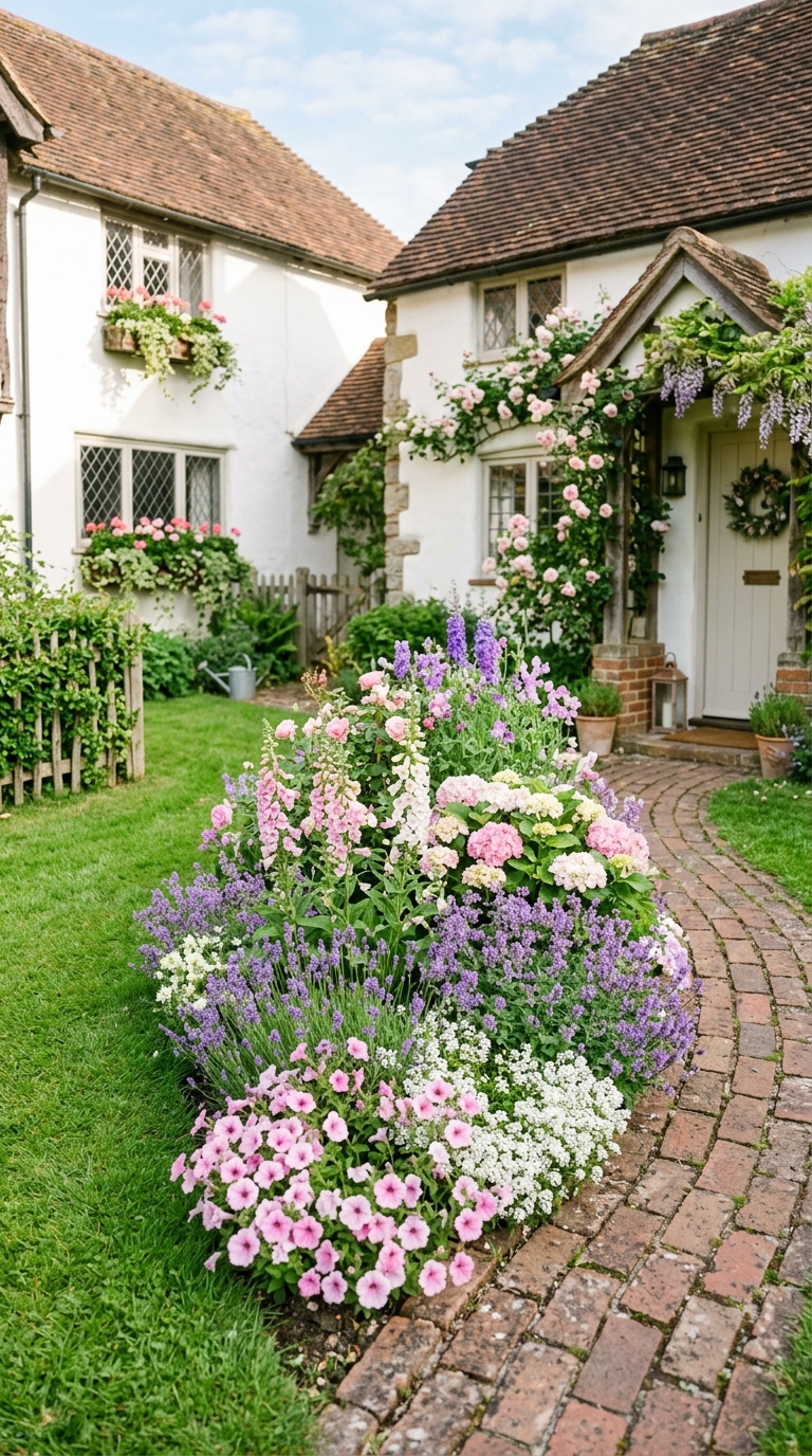 Layered front yard flower bed with colorful blooms for small yard landscaping