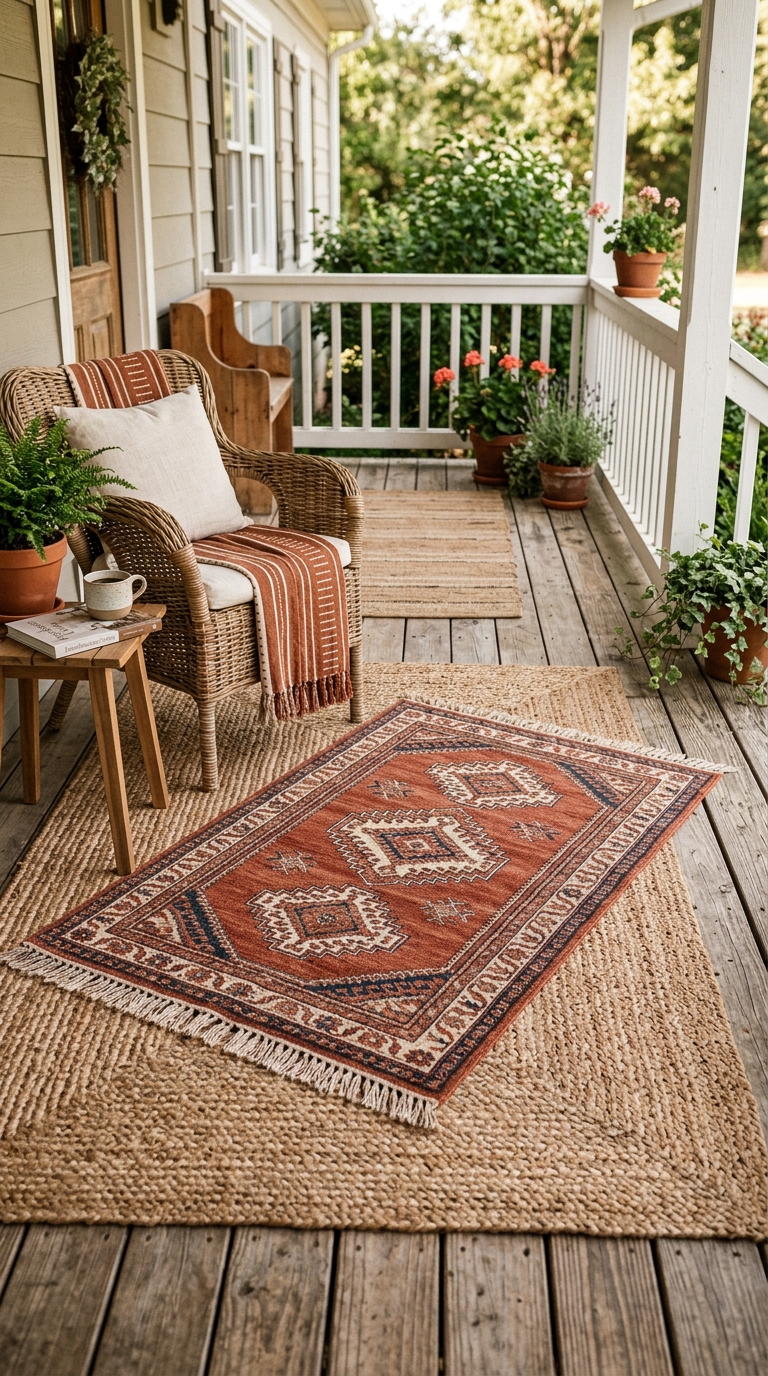 Layered jute and patterned outdoor rugs styled on a farmhouse front porch