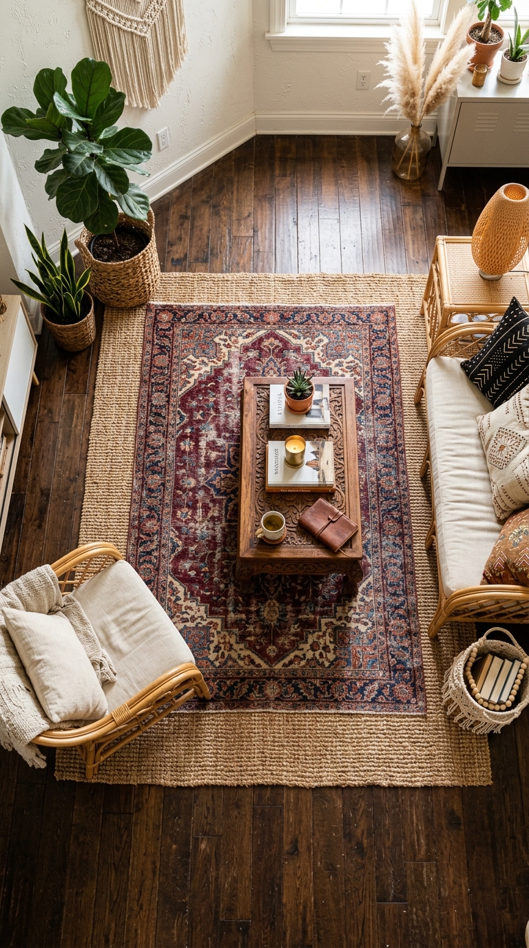 Layered vintage Persian rug over jute rug in a dark boho living room with rattan furniture