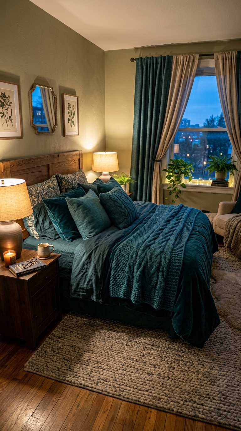 Layered teal textiles bedroom idea mixing velvet, linen, and knit