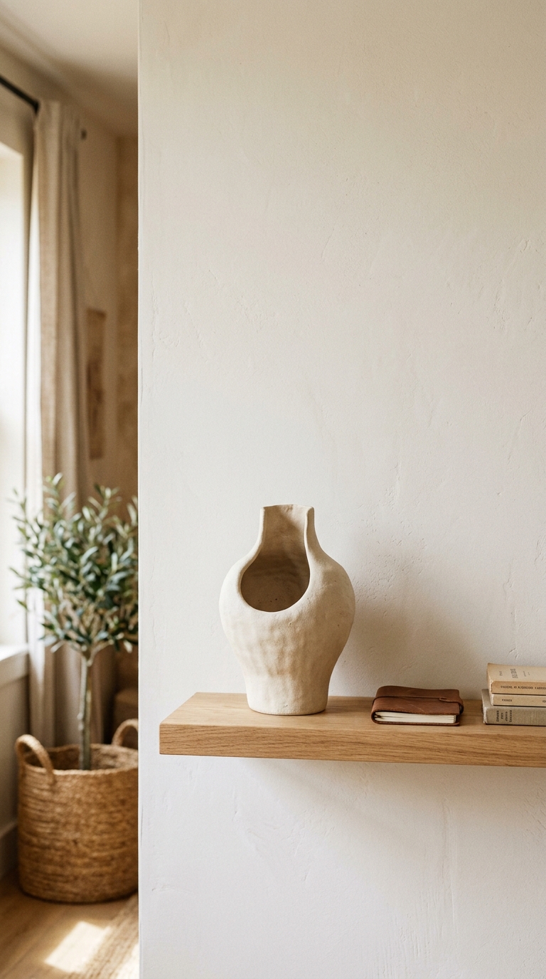 Living room shelf with small framed art leaned against wall, layered with vase and books in front, warm brass and wood tones