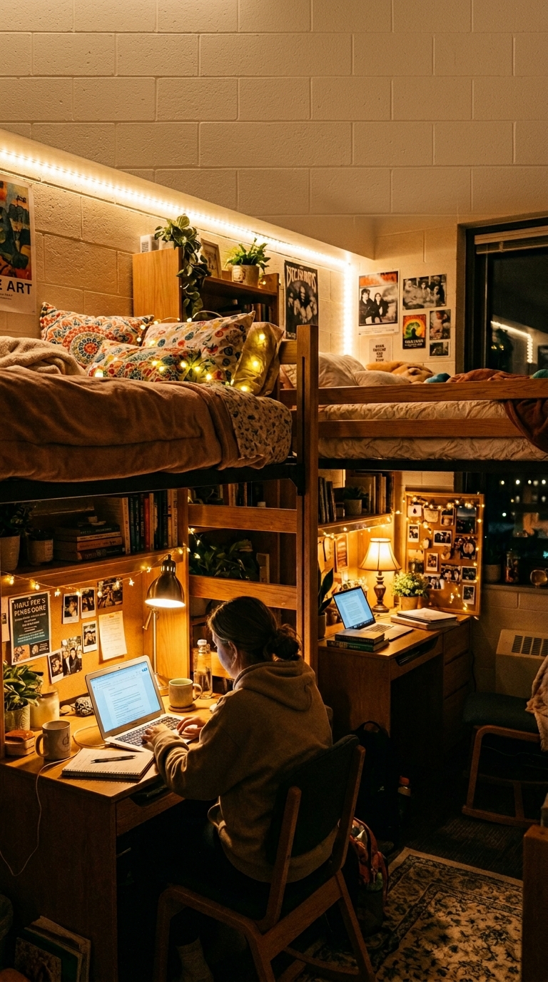 Warm LED and desk lamp lighting setup in a shared dorm room for two, creating cozy ambient atmosphere