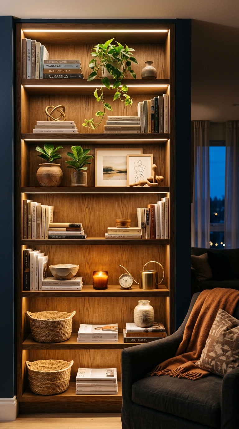 Living room built-in shelf with warm LED underlighting glowing, styled with books and plants in a cozy atmospheric evening setting