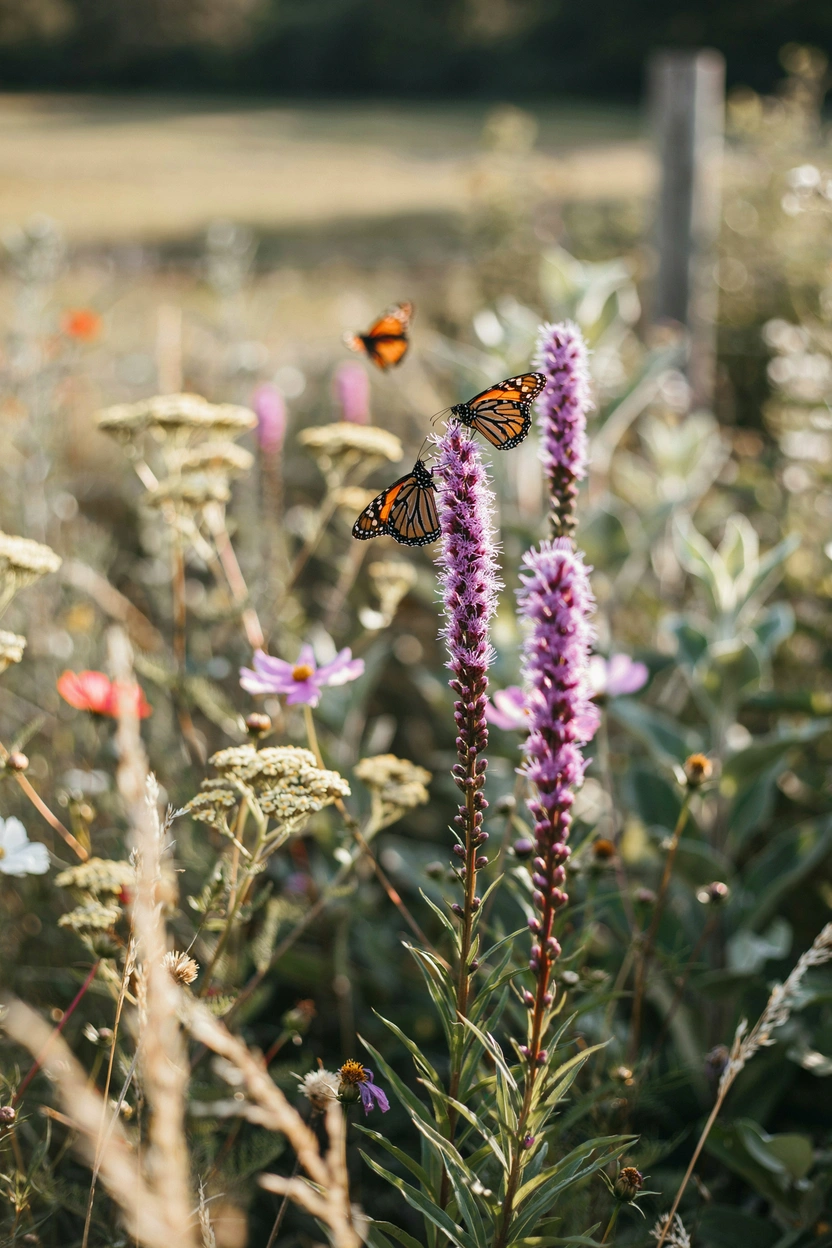 Tall purple liatris blazing star flowers attracting a monarch butterfly during fall migration in a native pollinator garden