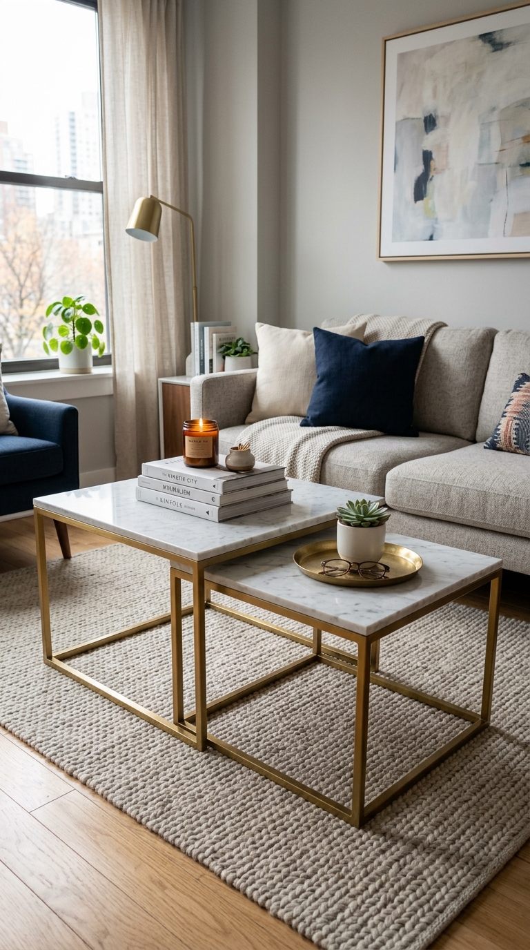 Lift-top coffee table used as a desk in a compact apartment living room