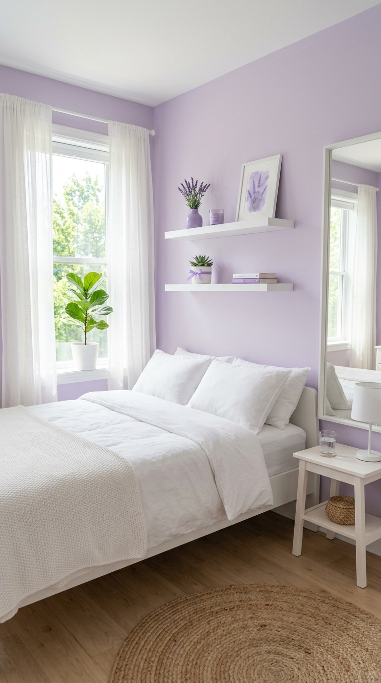 Light purple and white bedroom with clean minimalist decor and bright airy feel