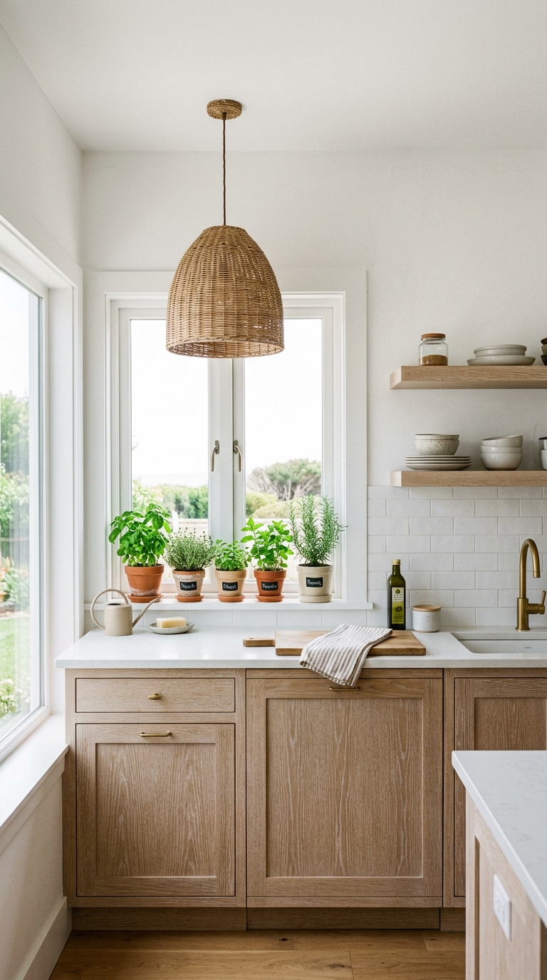 Limed light wash white oak kitchen cabinets with white walls, rattan pendant light, and soft stone countertop in a bright coastal kitchen