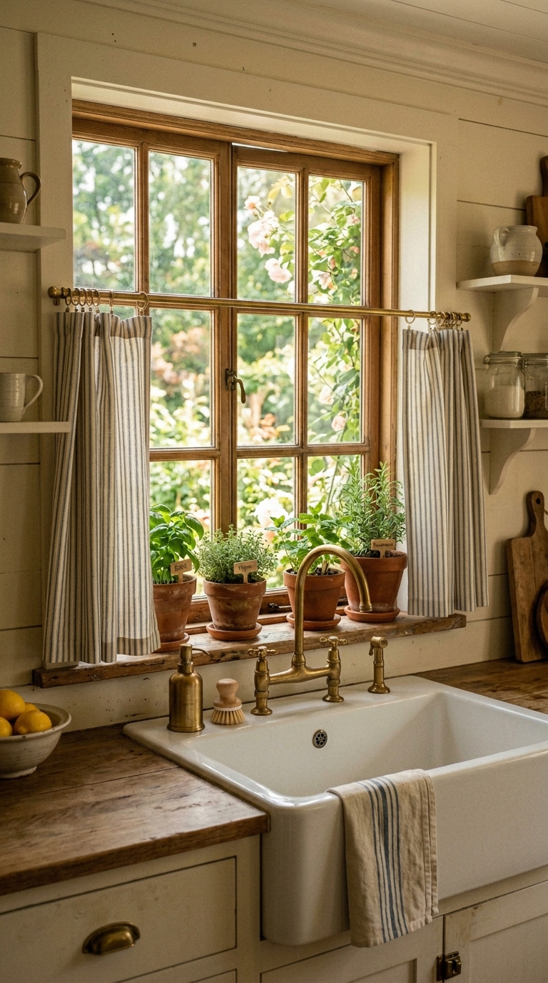 Sun-bleached striped linen cafe curtains over a kitchen sink window with terracotta herbs on the sill