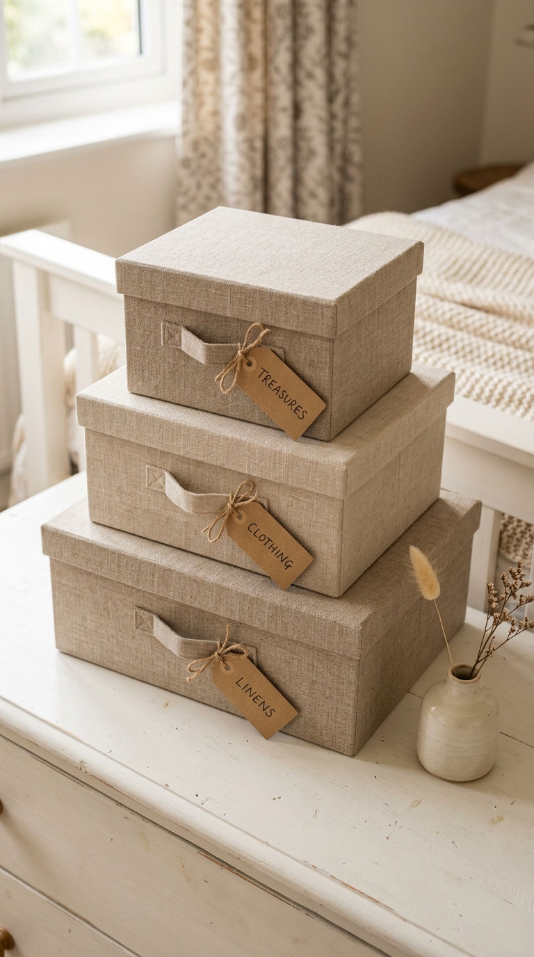 Graduated linen-covered storage boxes stacked on a white dresser in a shabby chic bedroom with handwritten labels and a small ceramic vase