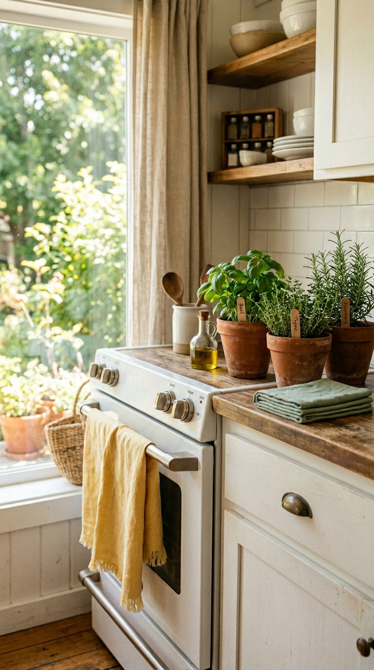Butter yellow and sage linen dish towels on oven handle and kitchen counter for summer seasonal decor
