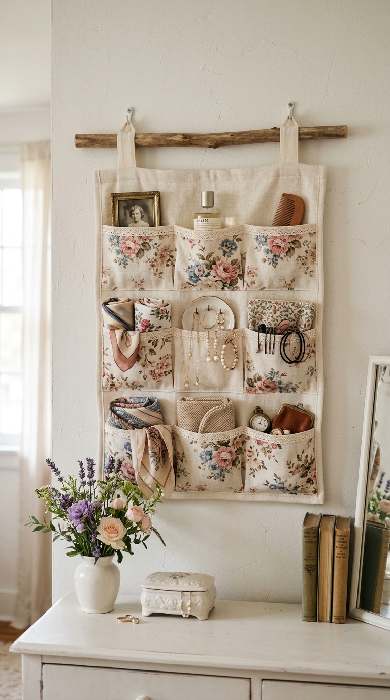Linen floral hanging fabric organizer on a white bedroom wall used for scarf and accessory storage in a shabby chic bedroom