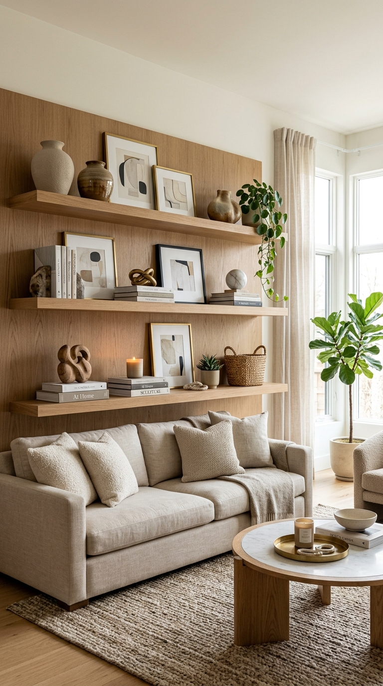 Modern living room shelf decoration ideas feature image