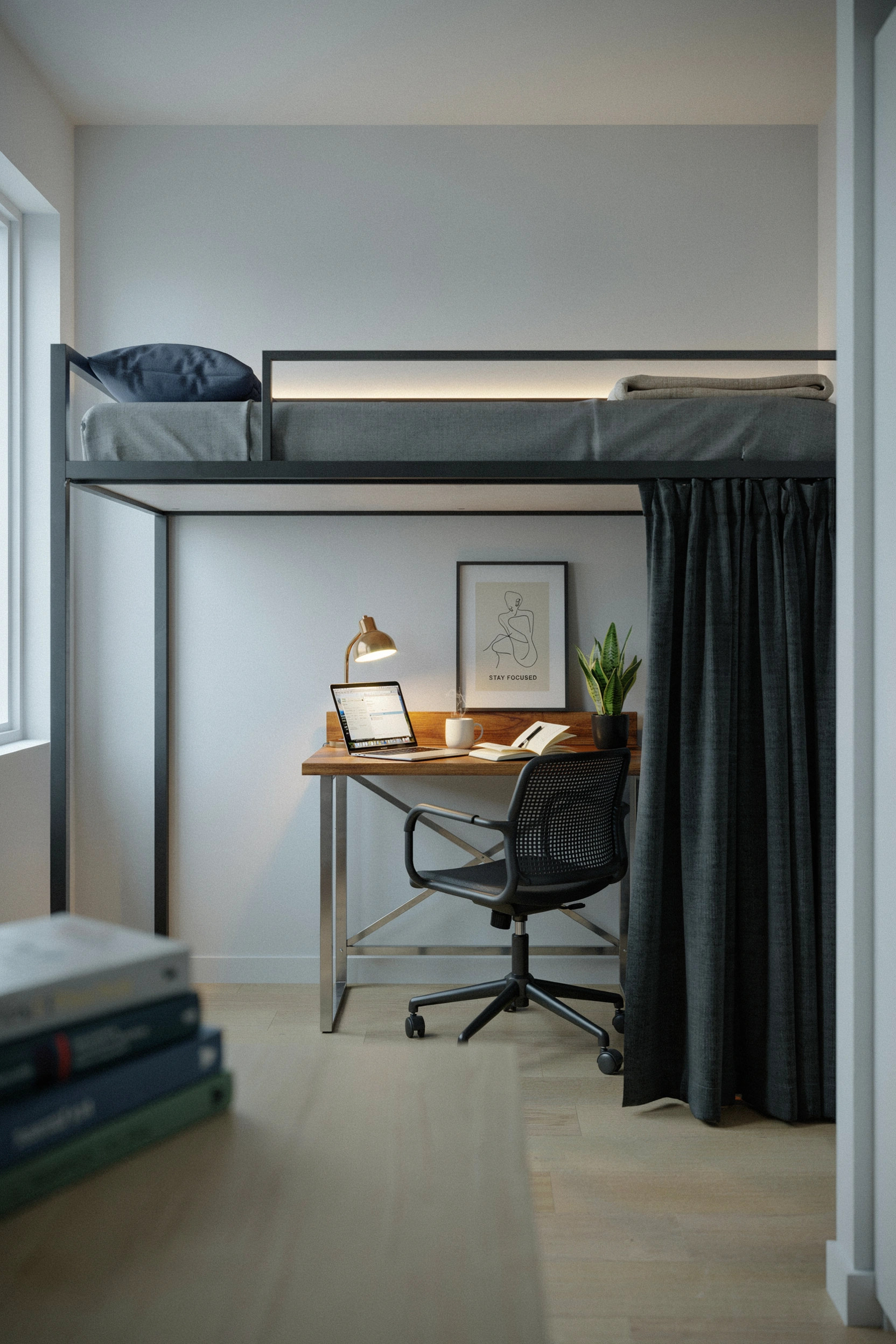 Lofted dorm bed with cozy study zone underneath — college bedroom ideas for men