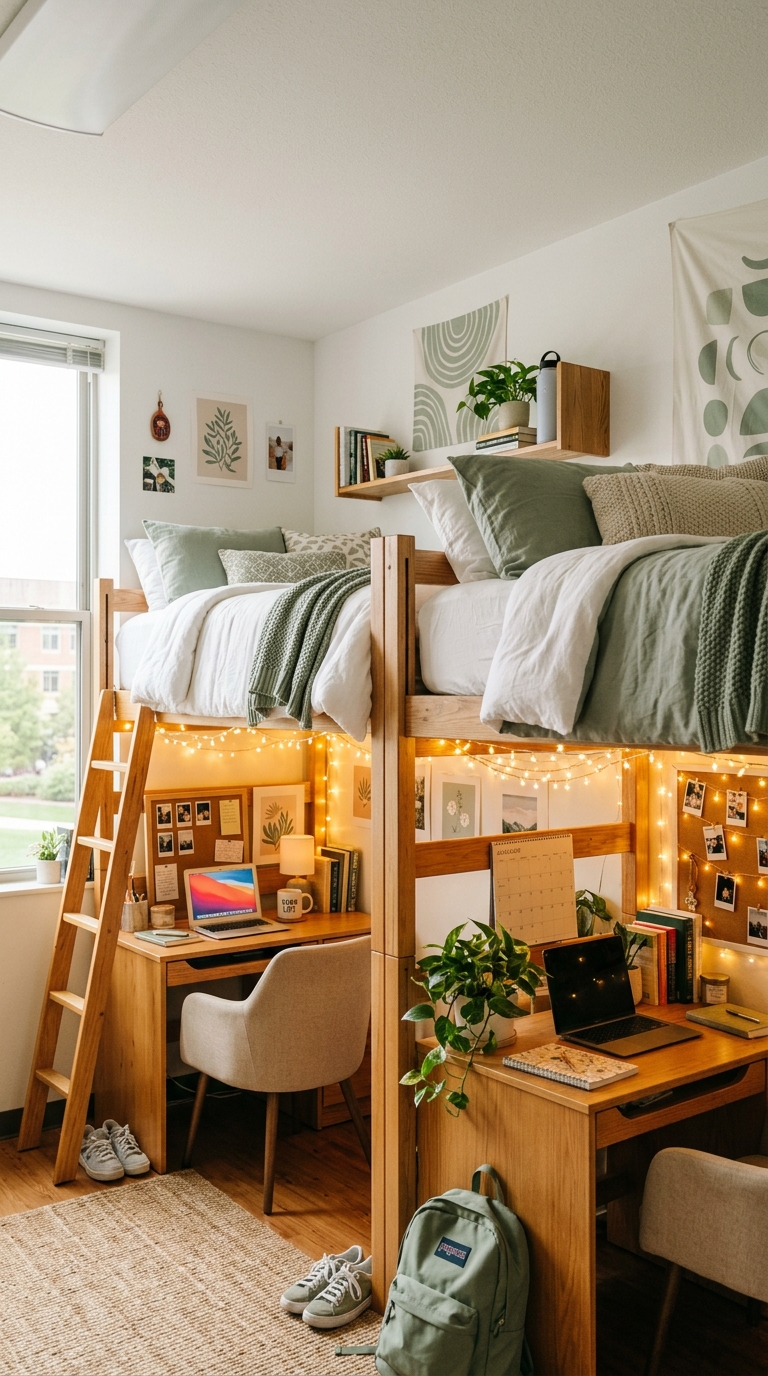 Lofted dorm room beds for two people with cozy study nooks underneath and warm string lights