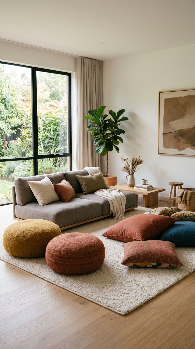 Low-profile modular sofa paired with floor cushions in a modern, cozy living room setup
