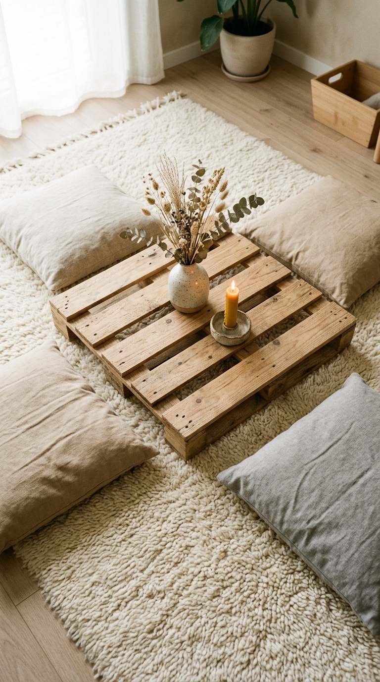 Low pallet floor coffee table with Japanese-inspired zen styling, surrounded by linen floor cushions and minimalist decor