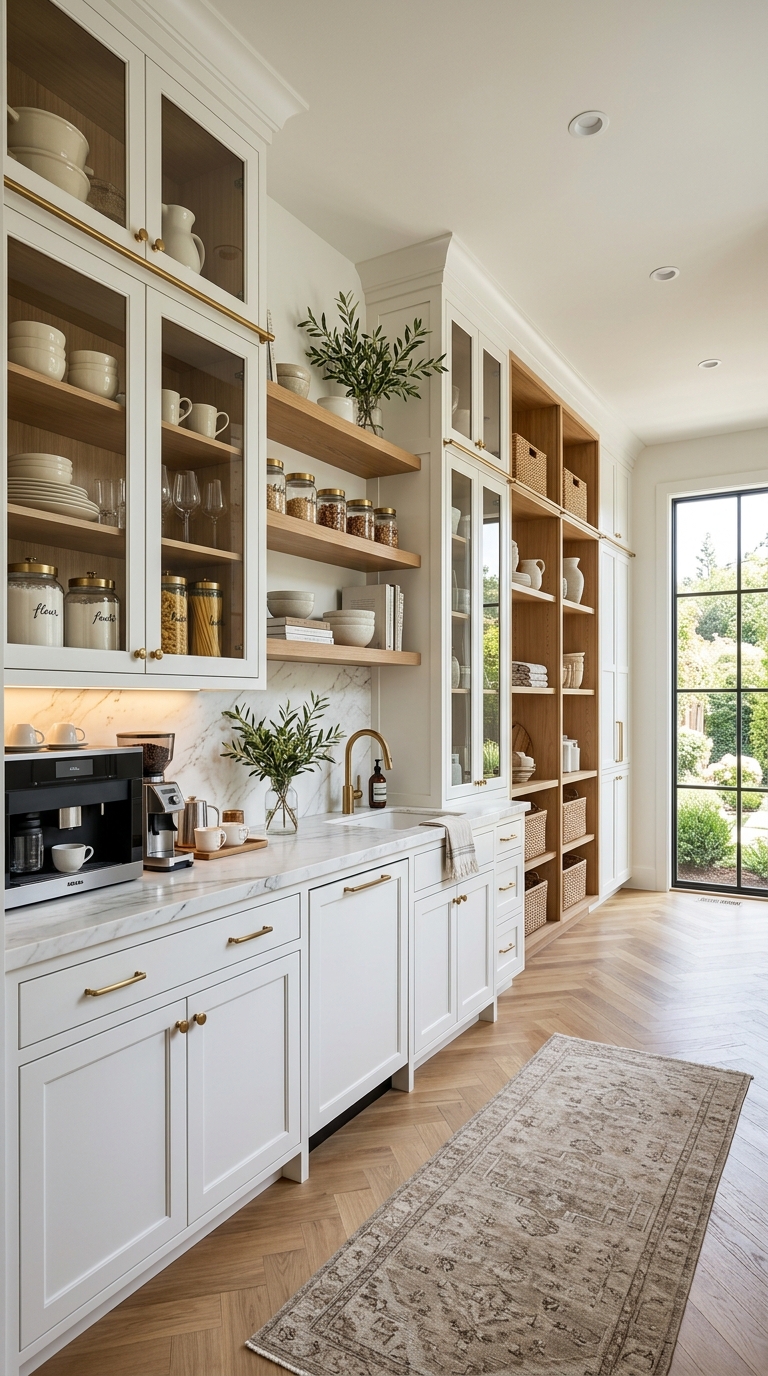 Modern luxury butler pantry with custom cabinetry, marble countertops, brass hardware, and stylish kitchen organization