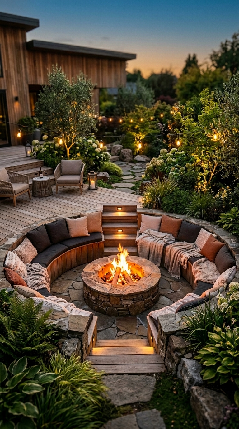 Sunken fire pit ideas with built-in seating for a cozy and stylish backyard retreat
