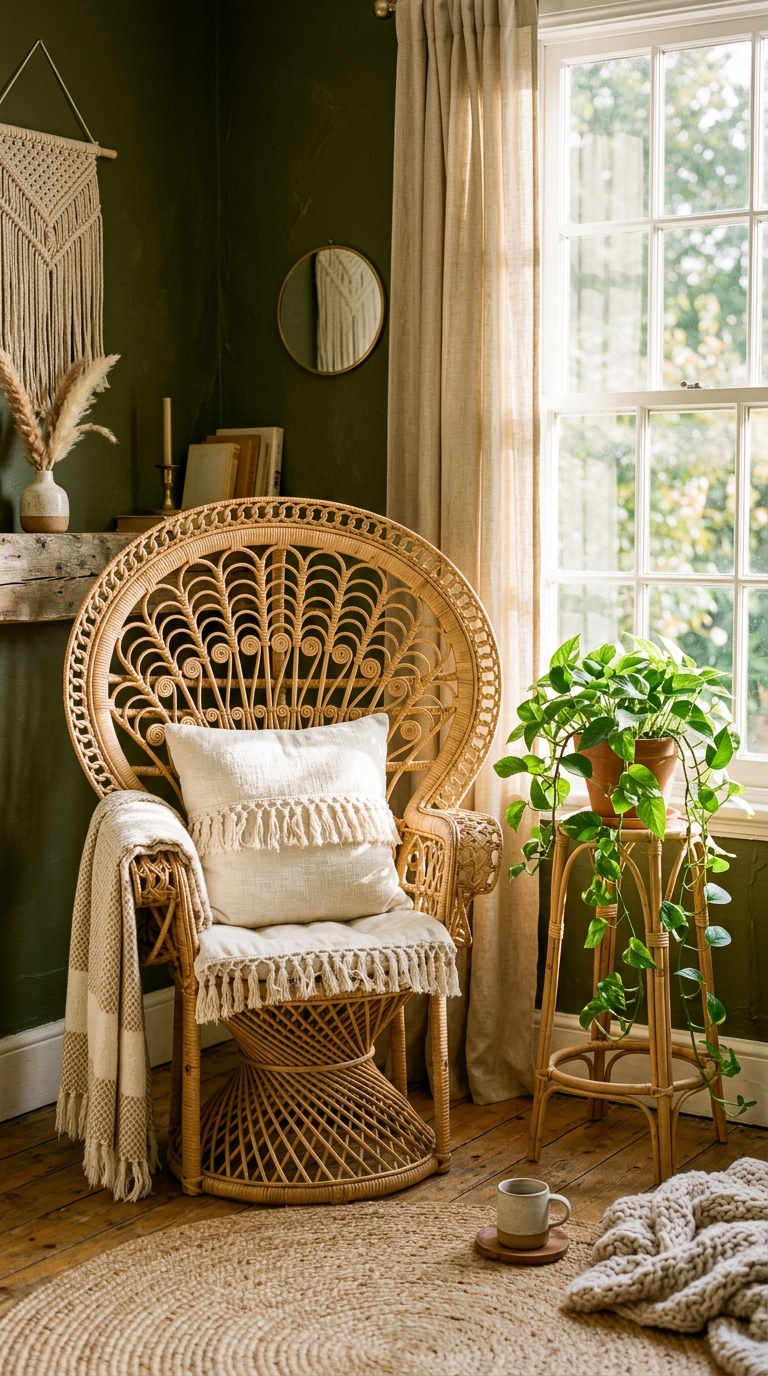 Cream macrame wall hanging on dark painted shiplap wall in cozy boho living room
