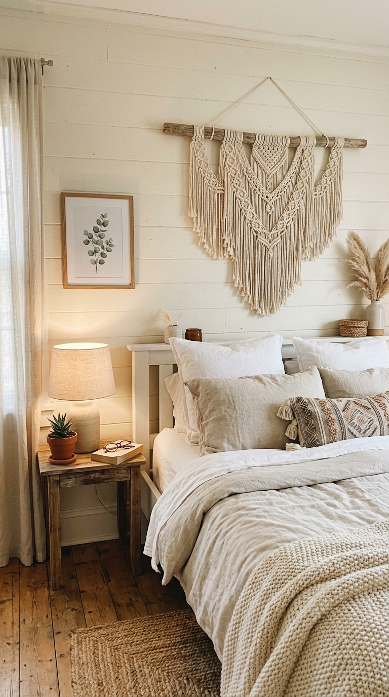 Natural cotton macramé wall hanging above a white farmhouse bed in a shabby chic bedroom with linen bedding and soft warm lighting