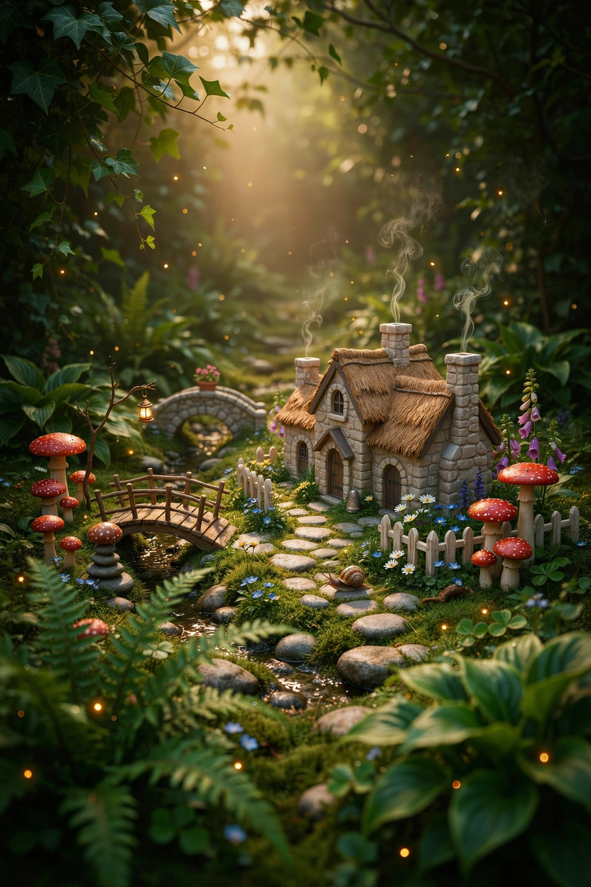 Magical fairy garden with stone houses, moss paths, and mini bridges