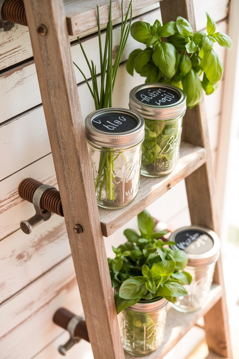 Budget DIY mason jar ladder herb garden with chalk-painted lids filled with chives, basil, and mint