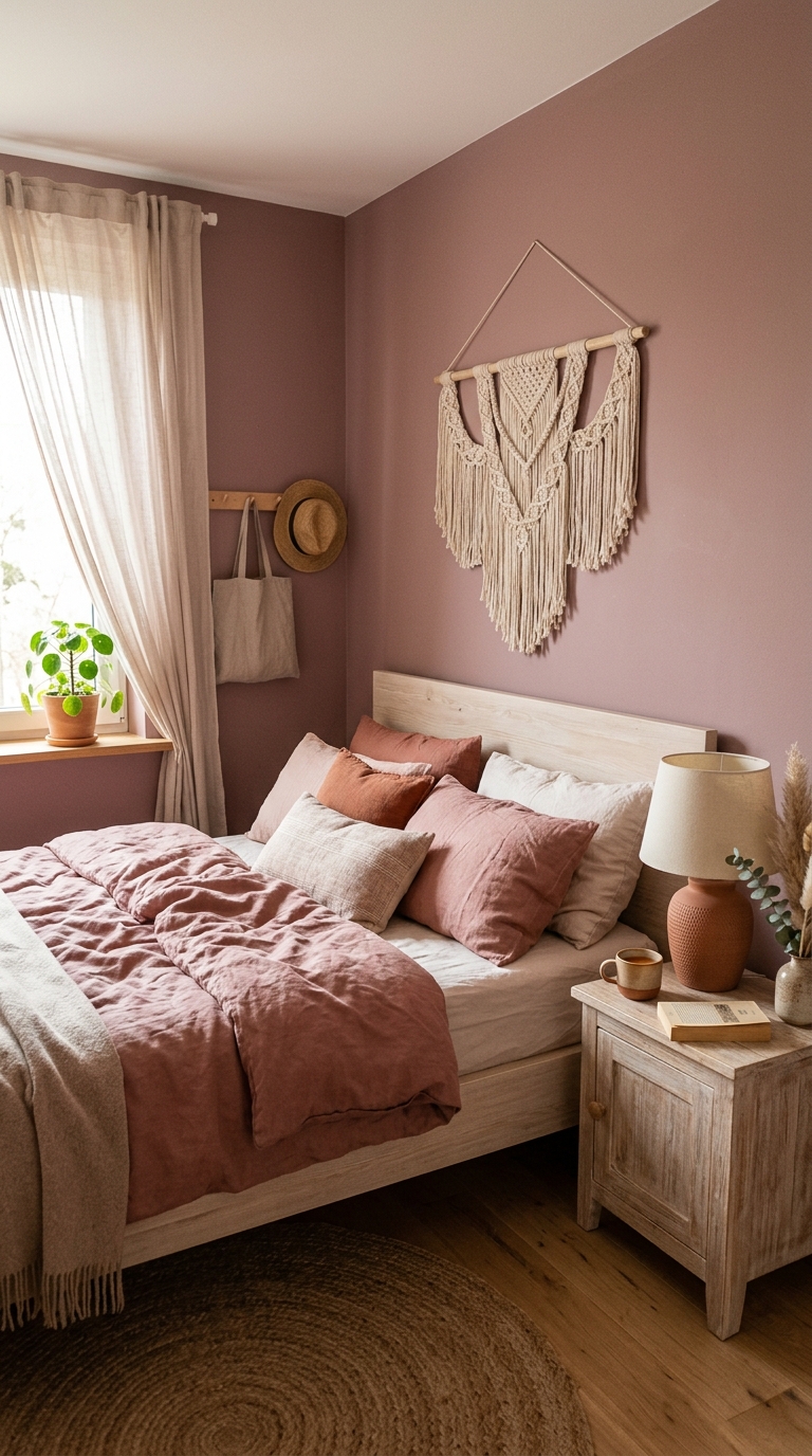 Mauve bedroom aesthetic with blush tones, linen bedding, and boho decor accents