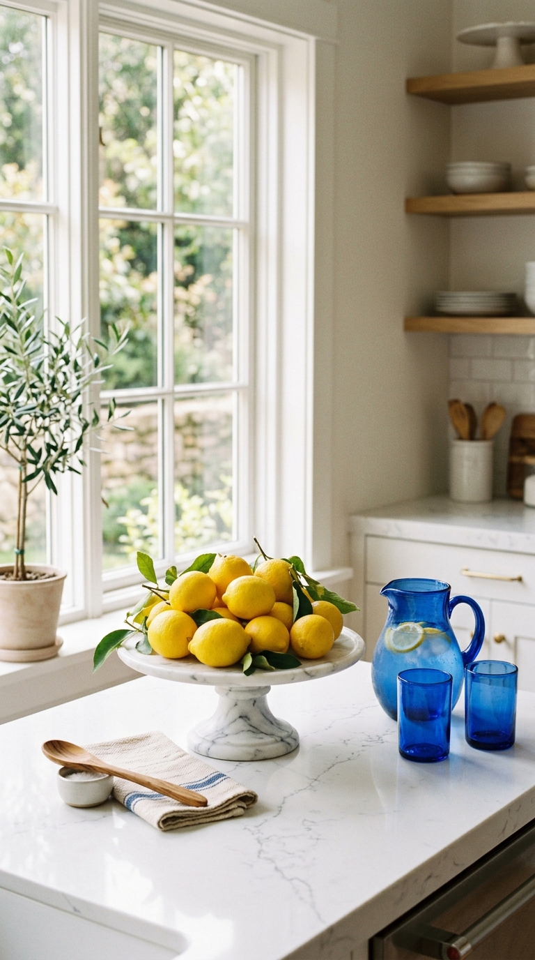 Meyer lemons on a marble pedestal with cobalt glassware on a bright summer kitchen counter