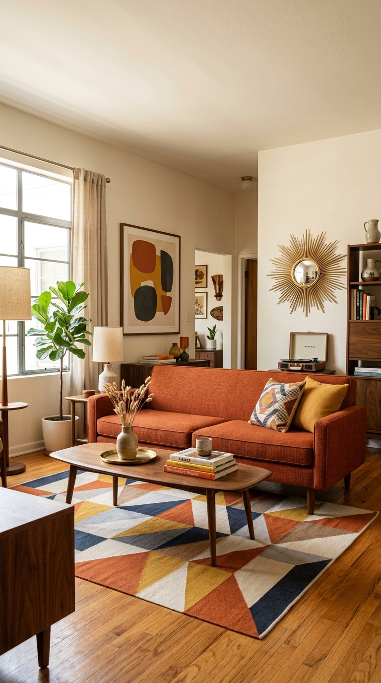 Mid-century modern orange sofa with walnut furniture, abstract art and sunburst mirror in a retro-inspired living room