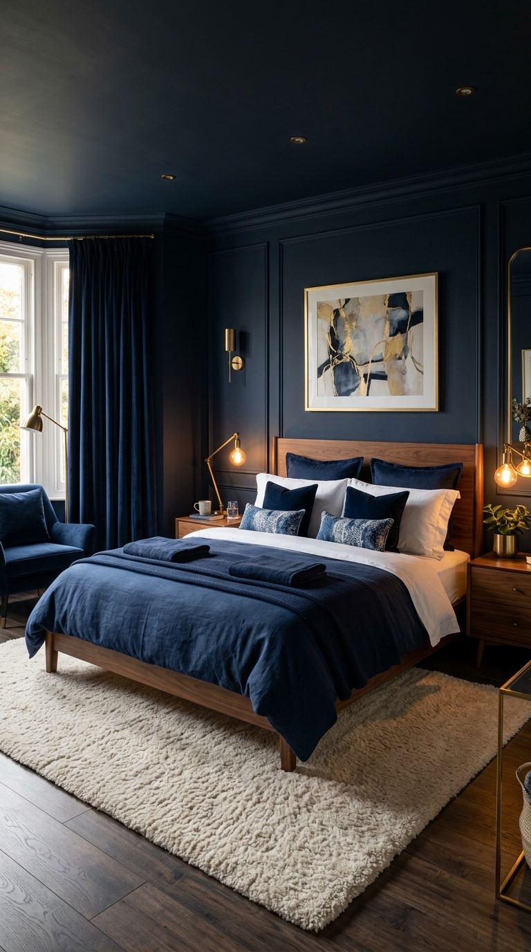 Midnight navy blue bedroom with brass fixtures, walnut furniture, and layered white bedding for a sophisticated dark look