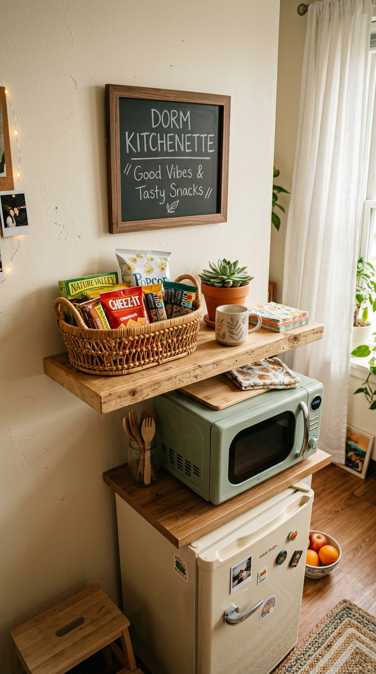 Shared mini fridge and microwave kitchen corner in a dorm room for two with organized snack shelf