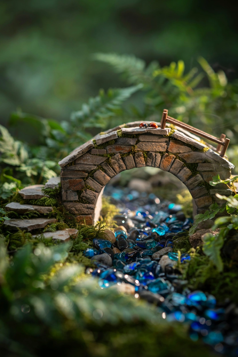Tiny fairy garden pebble bridge over a faux stream made of blue glass stones