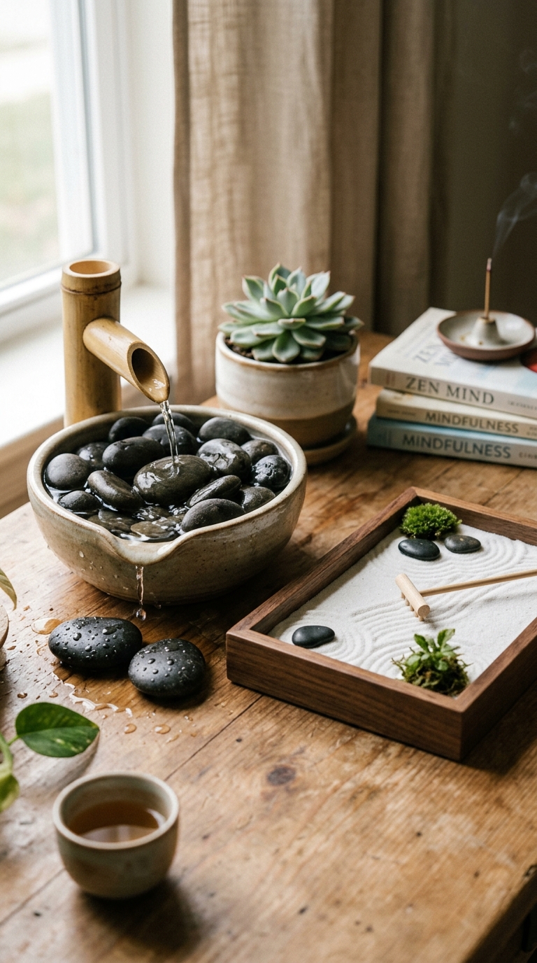 Mini zen garden with tabletop water fountain for calming desk decor