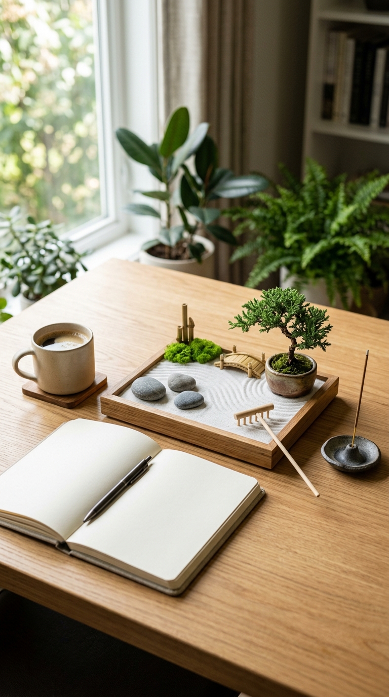Small Zen garden with sand, stones, bonsai, and bamboo creating a peaceful desk setup