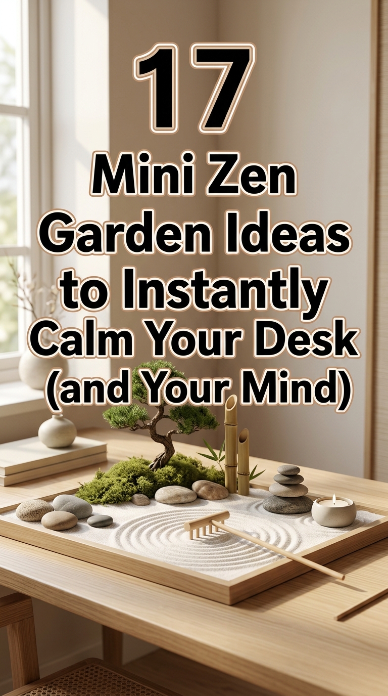 Mini Zen garden ideas displayed on a calming wooden desk with Japanese-inspired decor and large title overlay.