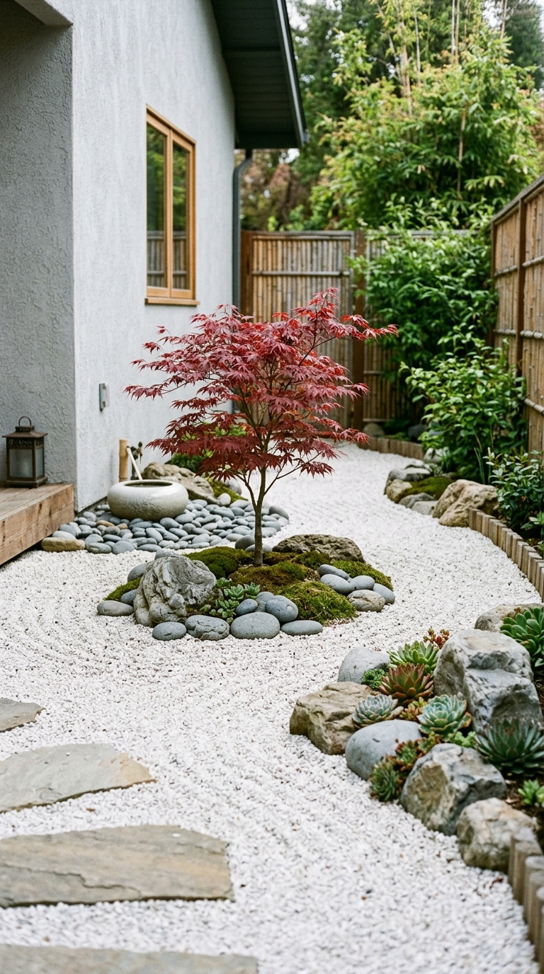 Mini zen garden idea with rocks and drought-tolerant plants for a small side yard