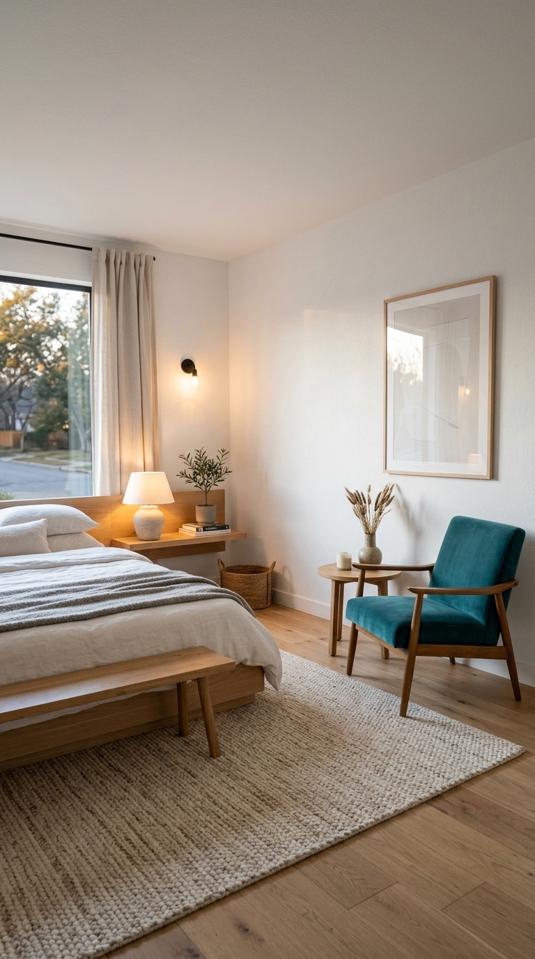 Minimalist teal bedroom idea with one bold accent chair and clean lines