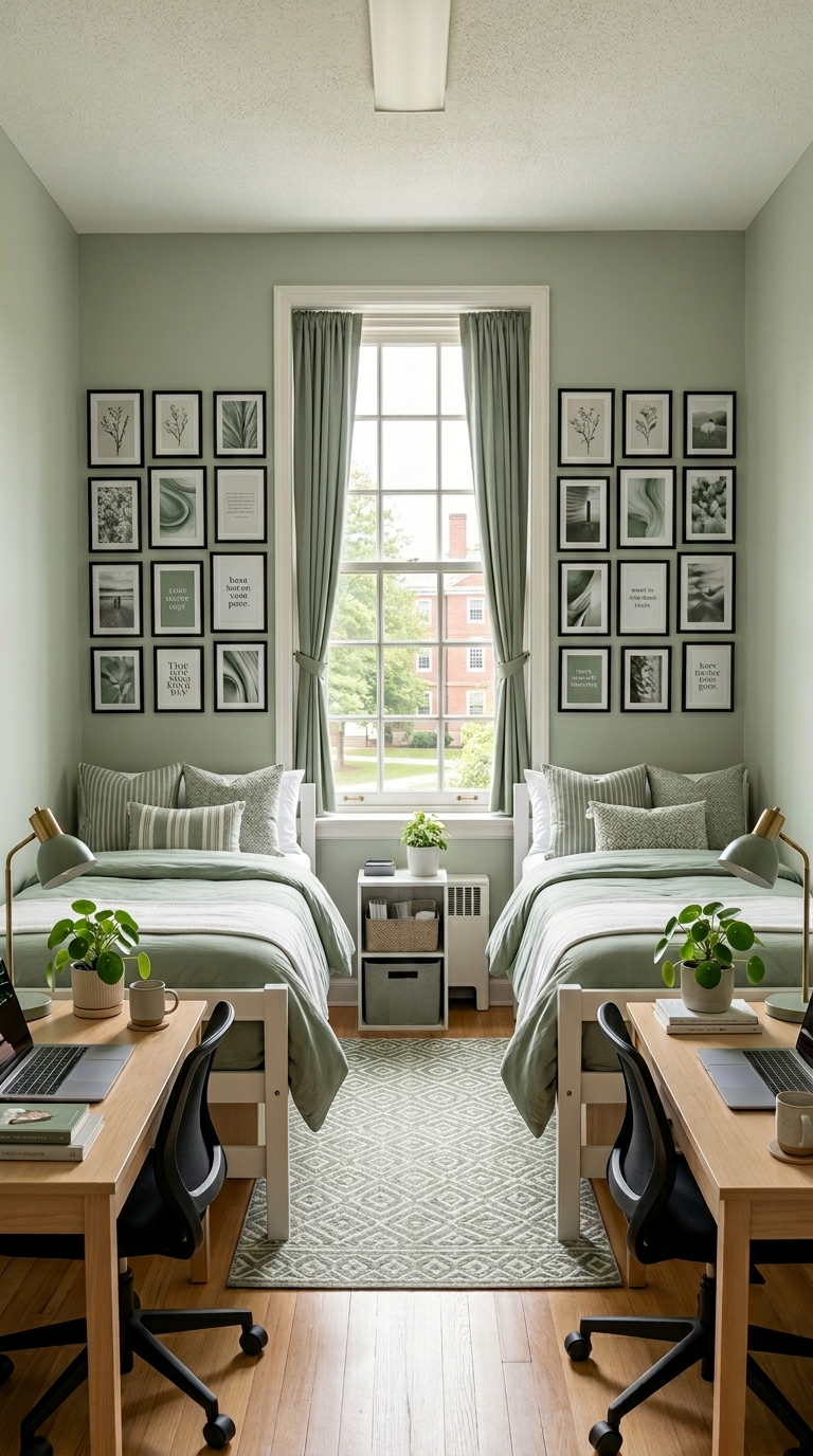 Symmetrical dorm room layout for two with matching furniture and coordinated decor on each side