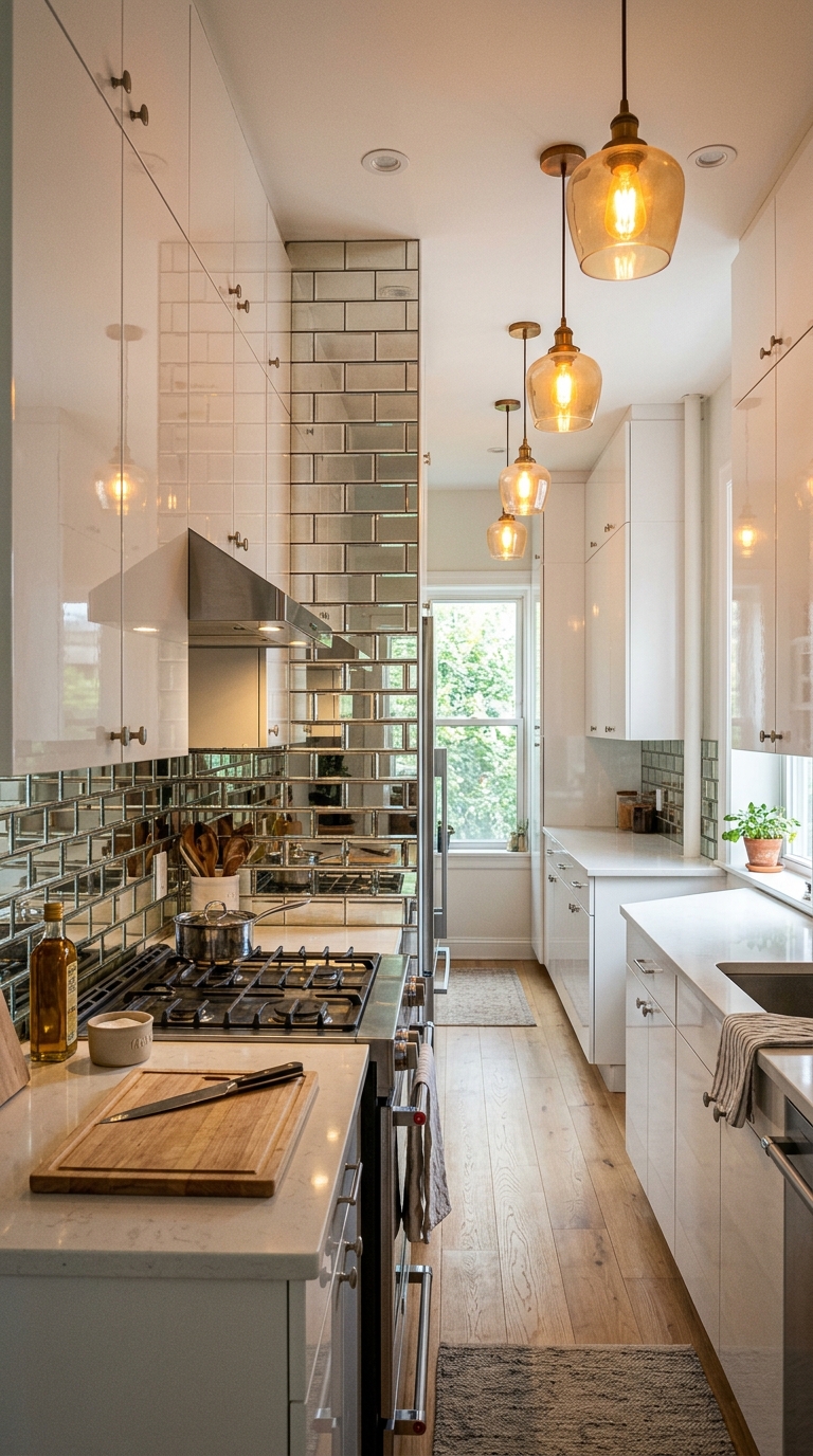 Galley kitchen with mirror-polished tile backsplash and glossy cabinets bouncing light to make the narrow space feel wider