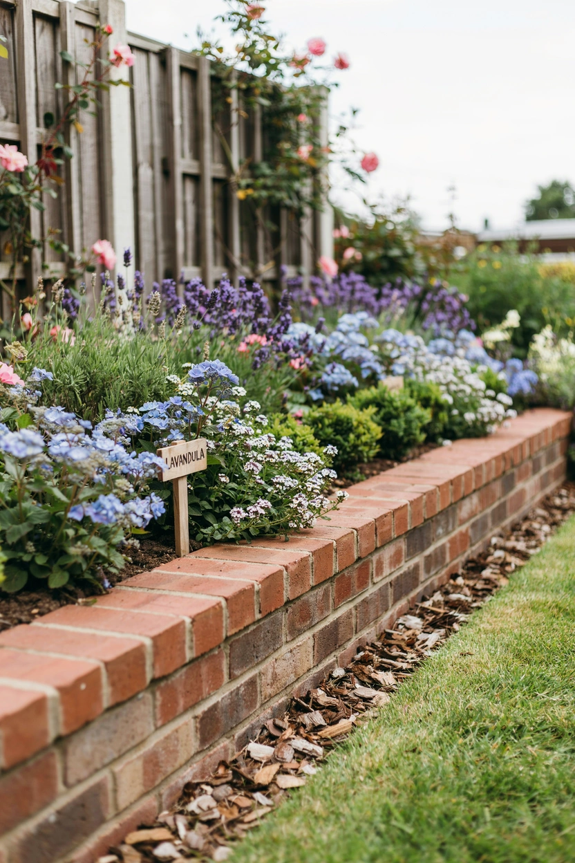 Clean mitered corner brick edging on a rectangular raised garden bed showing precise 45-degree brick corner detail