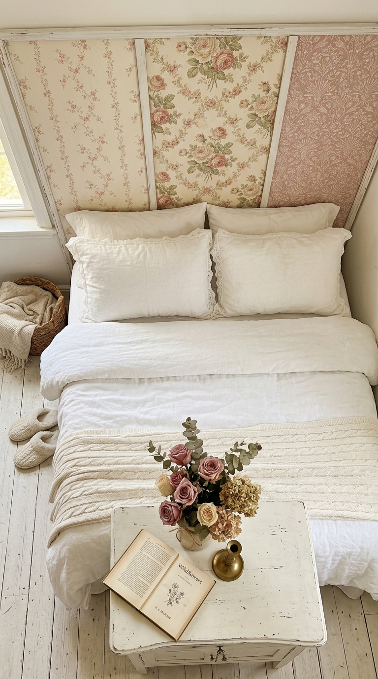 Mix and match vintage floral wallpaper panels as a DIY headboard feature wall in a shabby chic bedroom