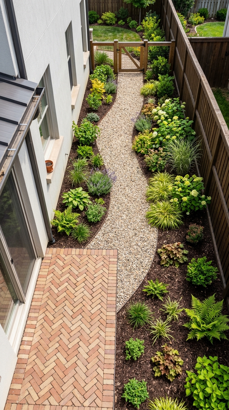 Mixed hardscaping idea with pavers and gravel for a small side yard
