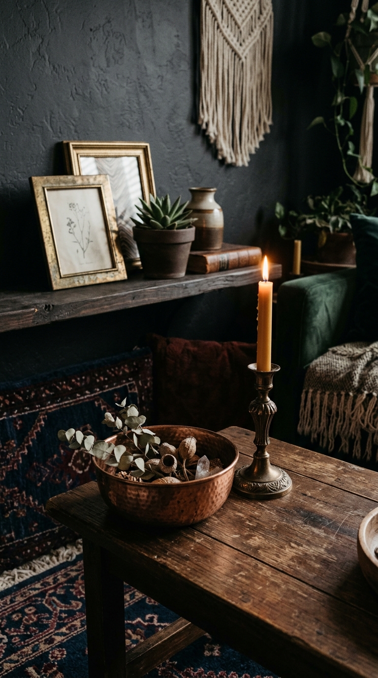 Mixed brass, copper, and bronze accents in a dark boho living room creating a warm layered glow